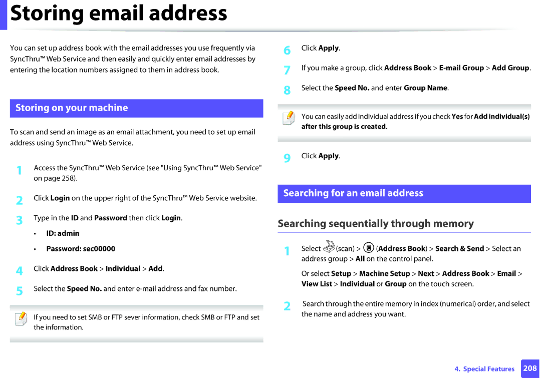 Samsung SLM2875FDXAA manual Storing email address, Searching sequentially through memory, Storing on your machine 