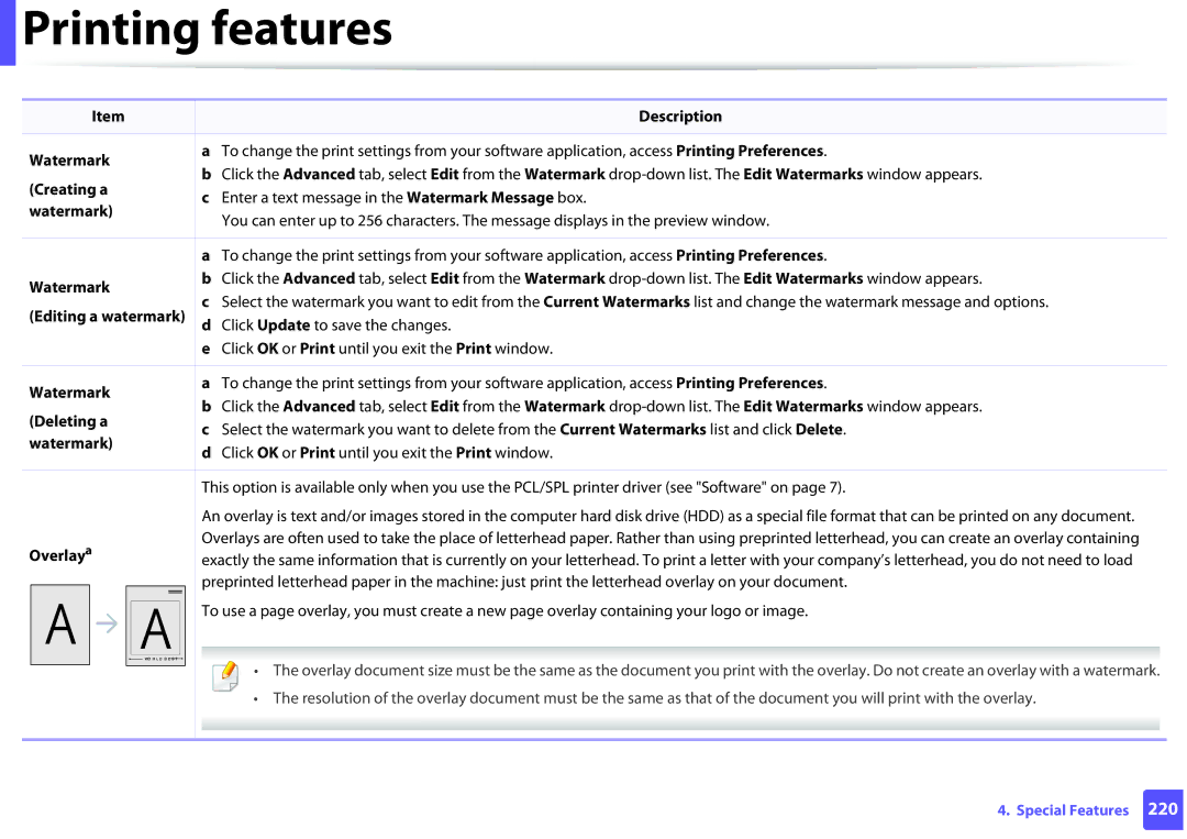 Samsung SLM2875FDXAA manual Creating a, Editing a watermark, Deleting a, Overlay a 