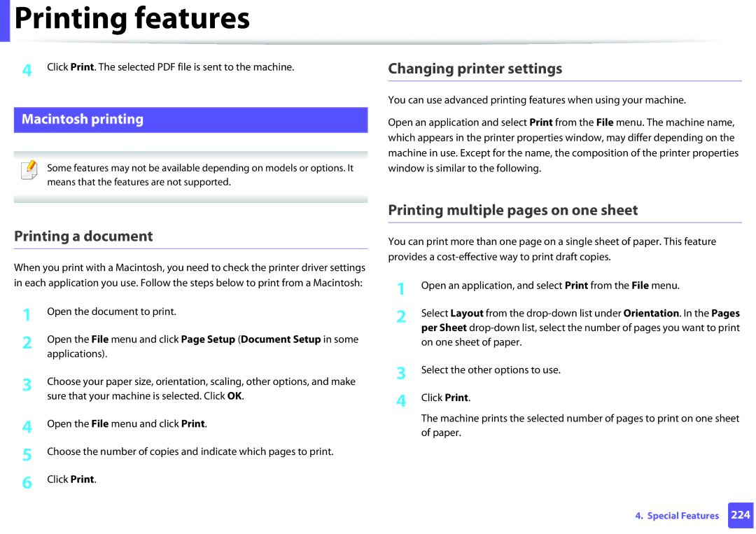 Samsung SLM2875FDXAA manual Changing printer settings, Printing a document, Printing multiple pages on one sheet 