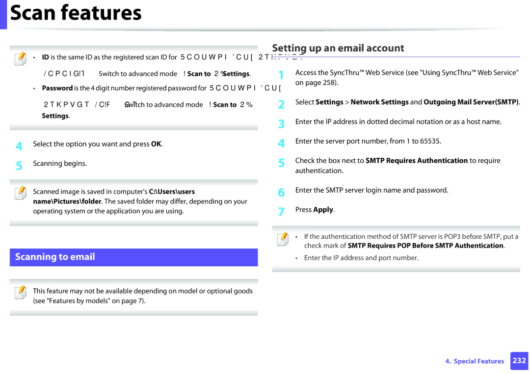 Samsung SLM2875FDXAA manual Setting up an email account, Scanning to email, Settings 