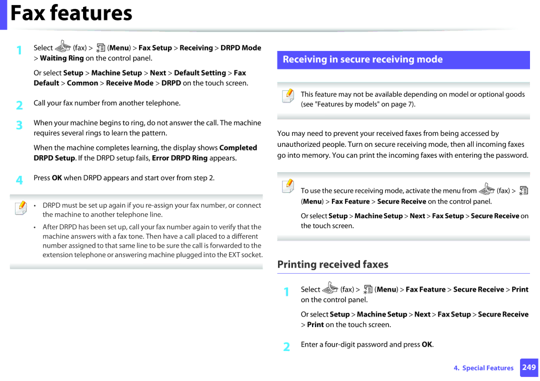 Samsung SLM2875FDXAA Printing received faxes, Receiving in secure receiving mode, Fax Menu Fax Setup Receiving Drpd Mode 