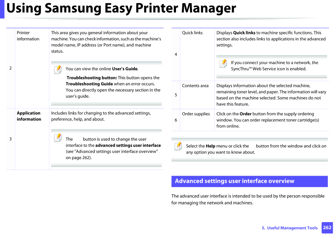 Samsung SLM2875FDXAA Advanced settings user interface overview, Troubleshooting button This button opens, Application 