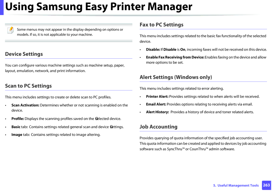 Samsung SLM2875FDXAA Fax to PC Settings, Device Settings, Scan to PC Settings, Alert Settings Windows only, Job Accounting 