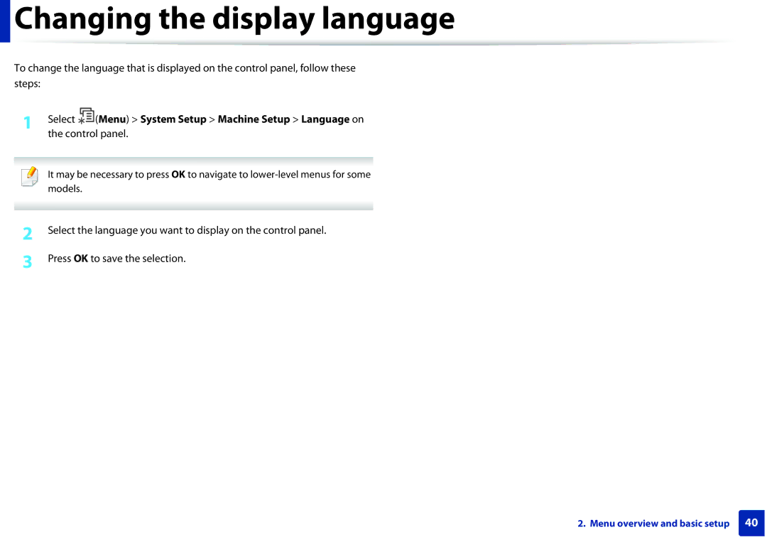 Samsung SLM2875FDXAA manual Changing the display language 