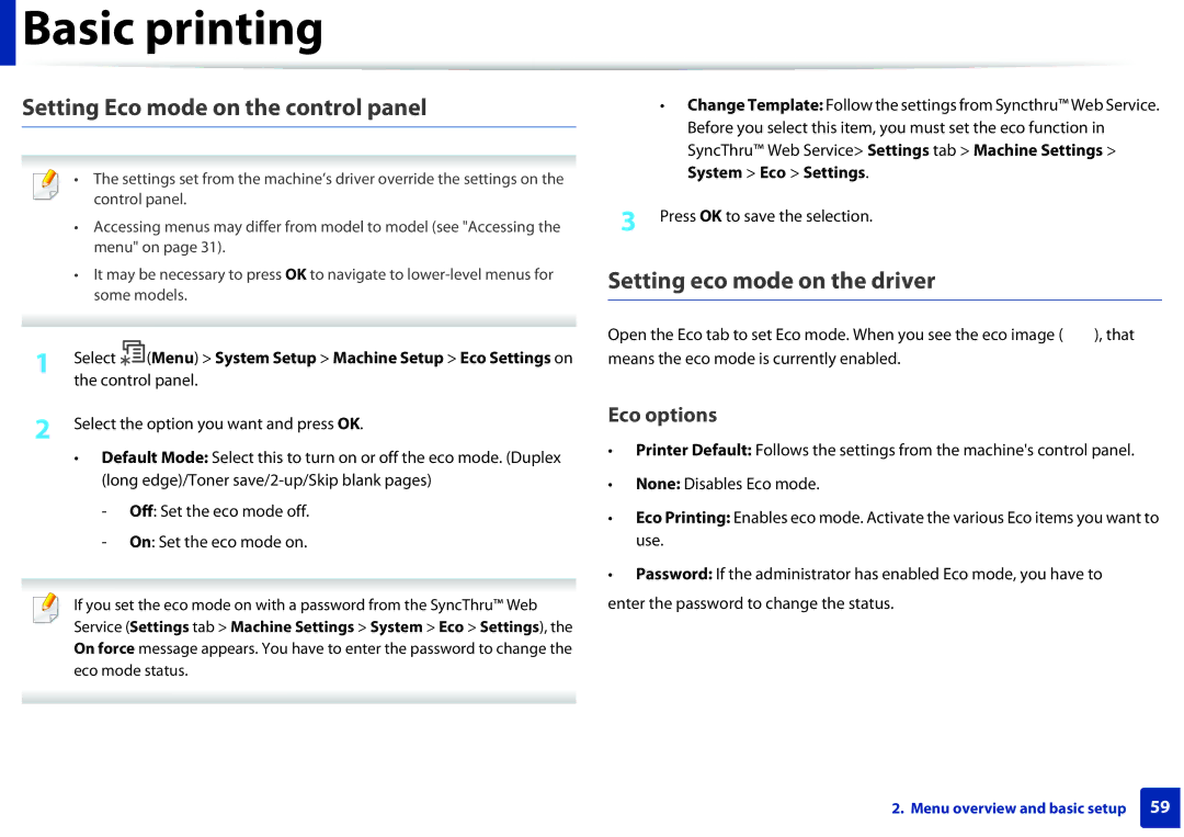 Samsung SLM2875FDXAA manual Setting Eco mode on the control panel, Setting eco mode on the driver 