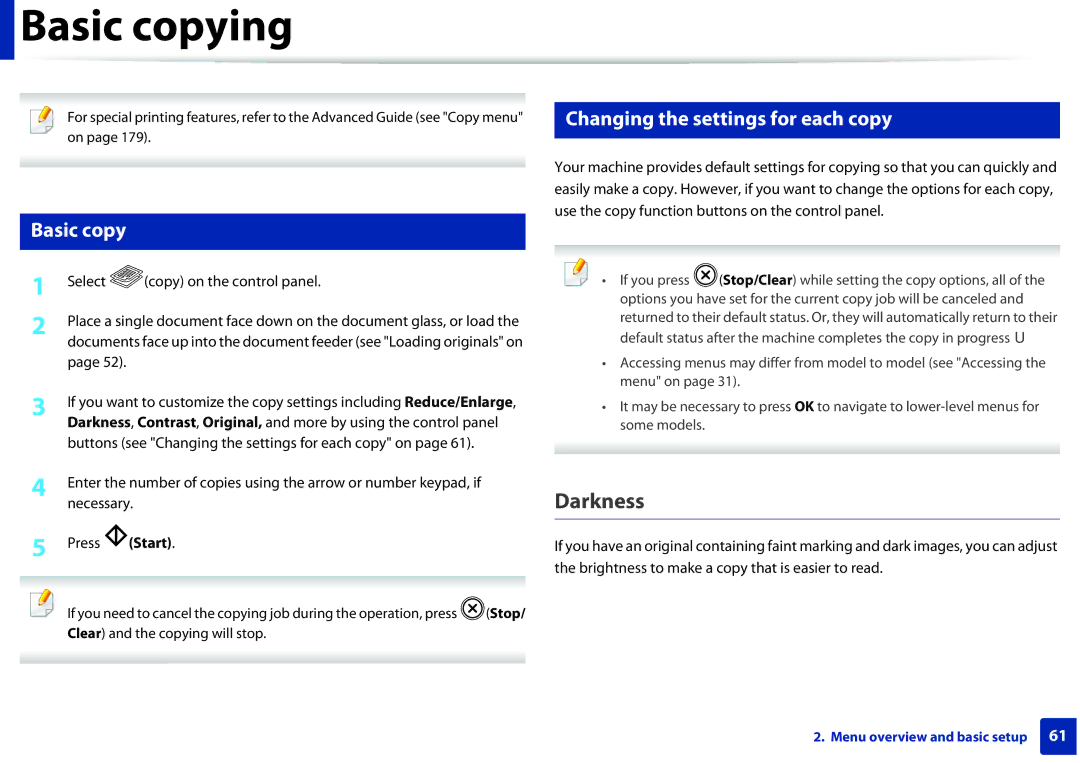 Samsung SLM2875FDXAA manual Basic copying, Darkness, Changing the settings for each copy, Select copy on the control panel 