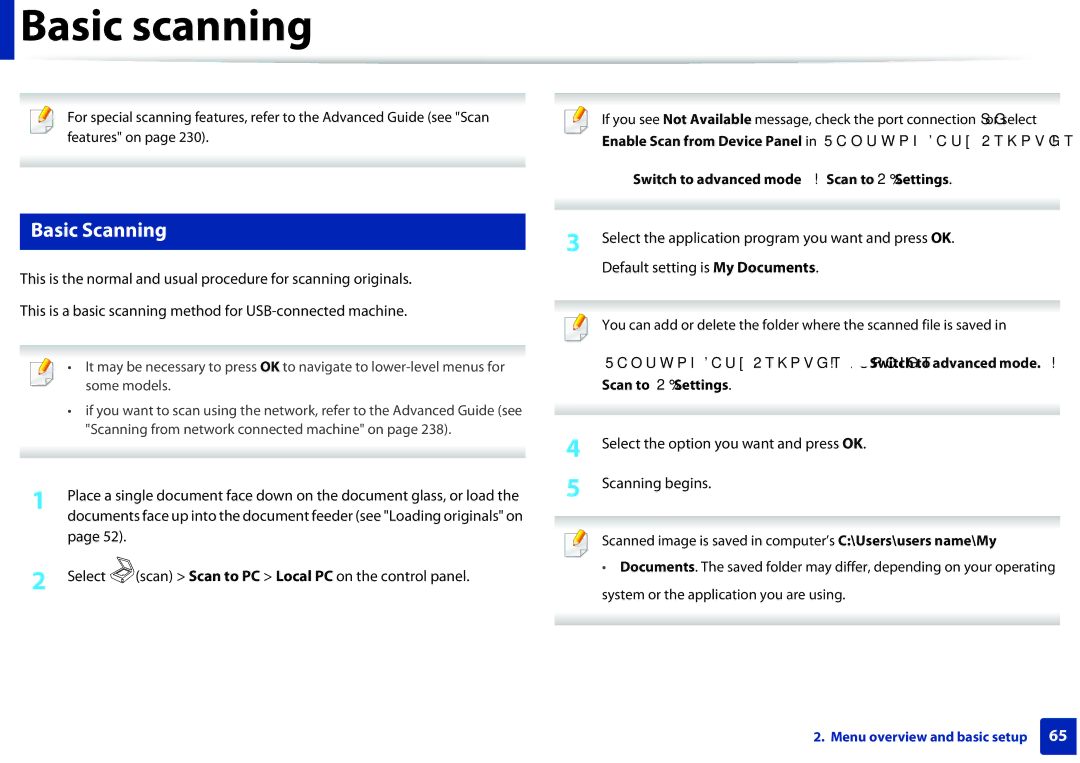 Samsung SLM2875FDXAA manual Basic scanning, Basic Scanning, Select the option you want and press OK Scanning begins 