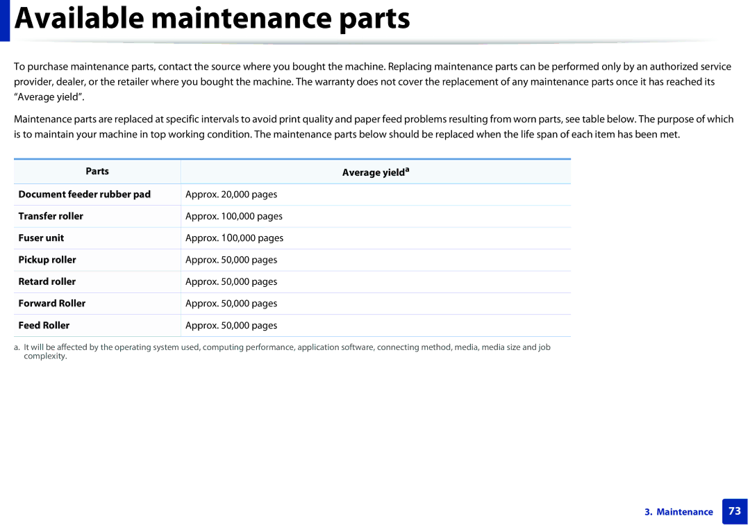 Samsung SLM2875FDXAA manual Available maintenance parts 