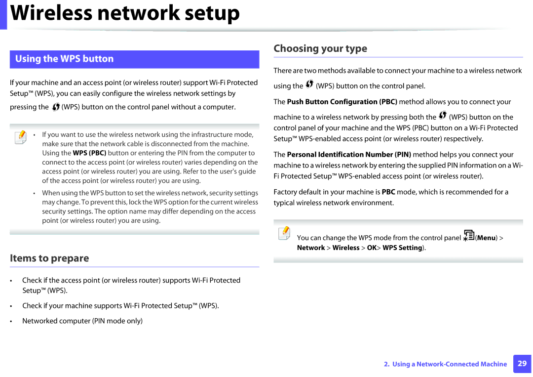 Samsung SLM2875FD, SLM2875FW Items to prepare, Choosing your type, Using the WPS button, Network Wireless OK WPS Setting 