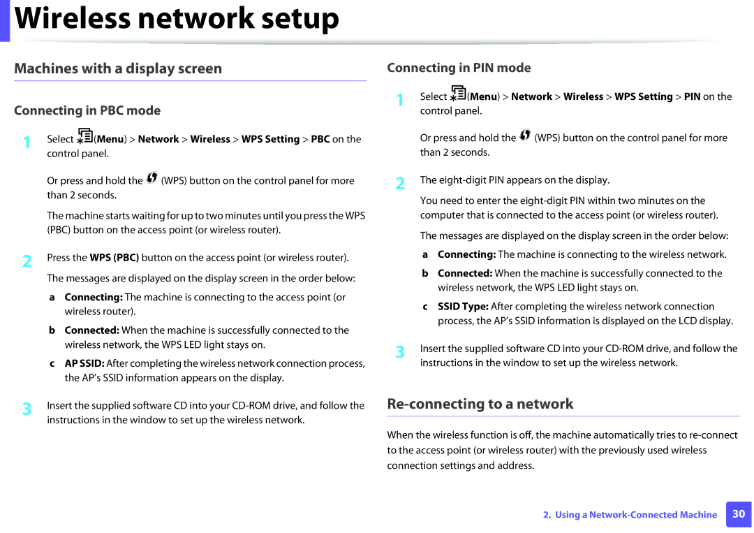 Samsung SLM2875FW, SL-M2875FW, SLM2875FD manual Machines with a display screen, Re-connecting to a network 