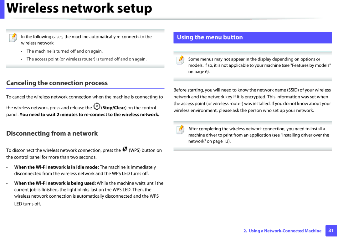 Samsung SL-M2875FW, SLM2875FW manual Canceling the connection process, Disconnecting from a network, Using the menu button 