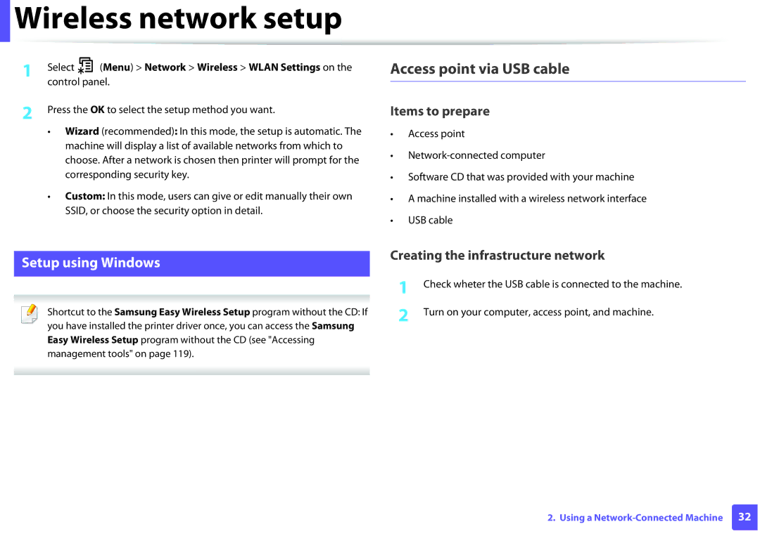 Samsung SLM2875FD, SLM2875FW, SL-M2875FW manual Access point via USB cable, Setup using Windows 