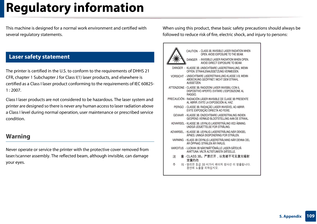 Samsung SLM3820DWXAA, SLM3320NDXAA manual Regulatory information, Laser safety statement 