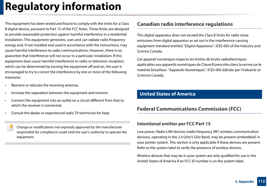 Samsung SLM3320ND Canadian radio interference regulations, Federal Communications Commission FCC, United States of America 