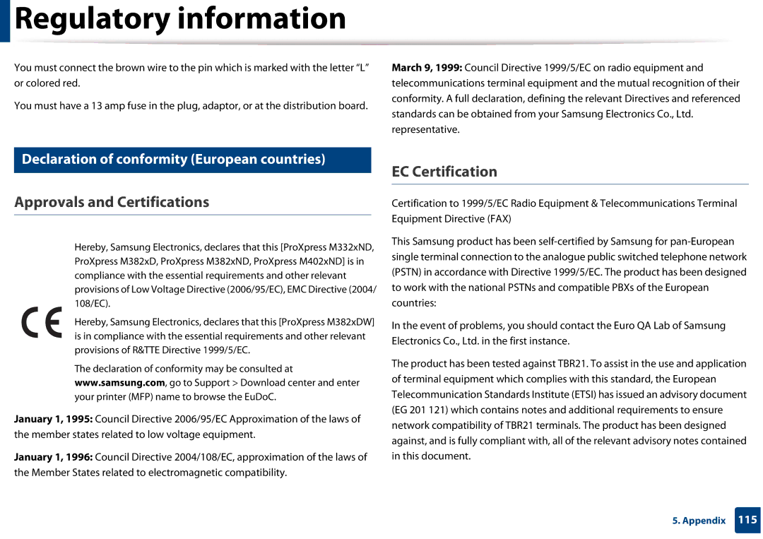 Samsung SLM3320ND manual Approvals and Certifications, EC Certification, Declaration of conformity European countries 