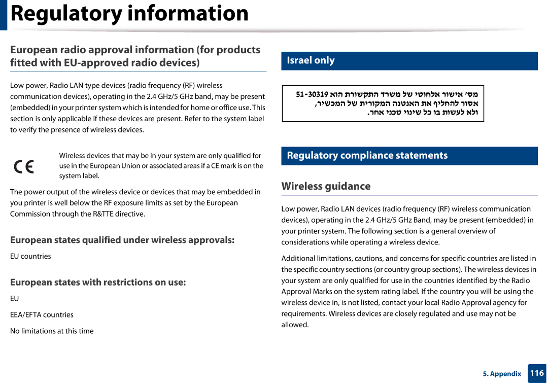 Samsung SLM3320NDXAA, SLM3820DWXAA manual Wireless guidance, Israel only Regulatory compliance statements 