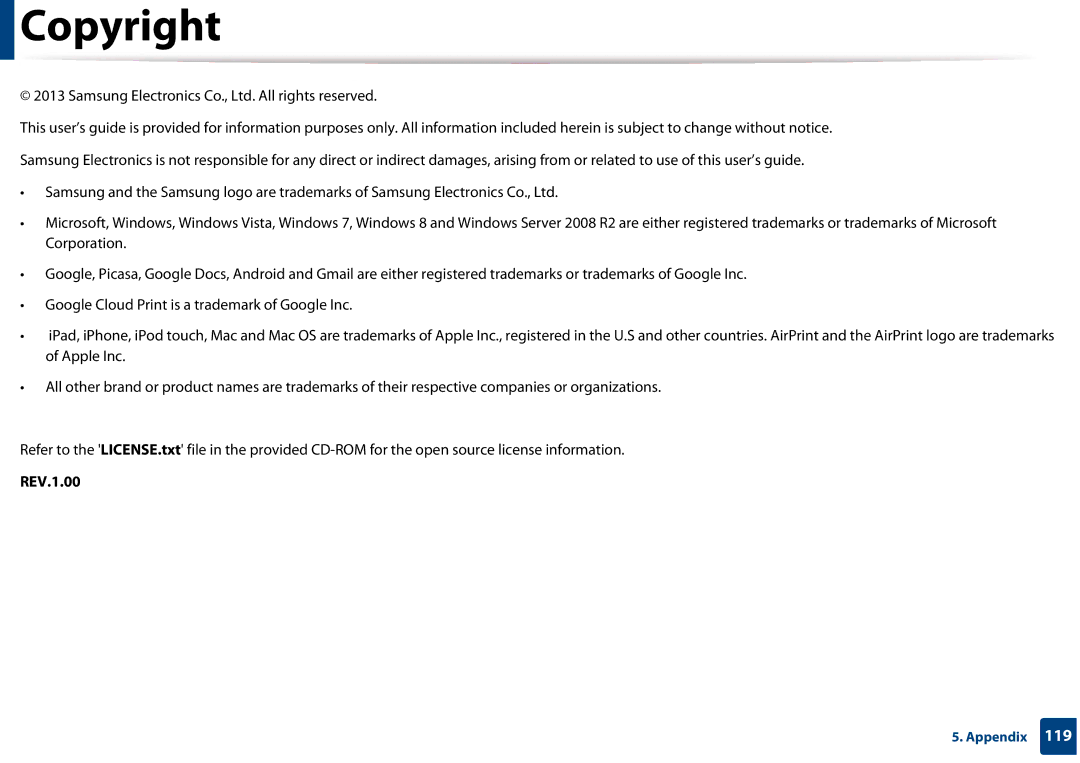 Samsung SLM3320NDXAA, SLM3820DWXAA manual Copyright, REV.1.00 