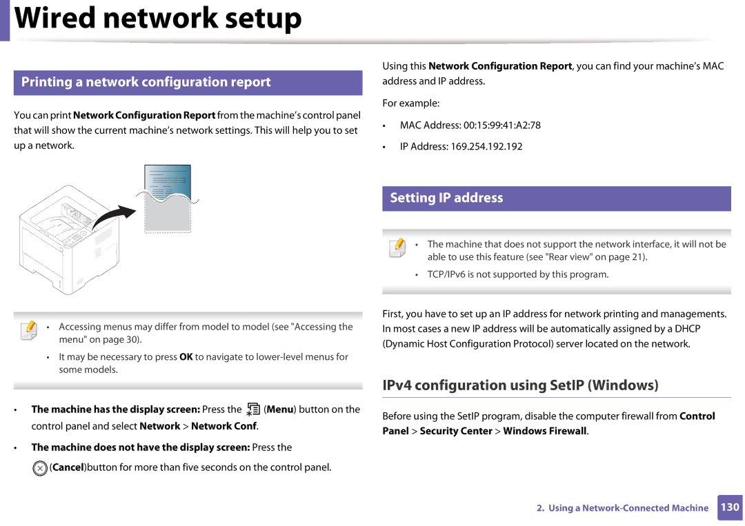 Samsung SLM3320ND Wired network setup, IPv4 configuration using SetIP Windows, Printing a network configuration report 