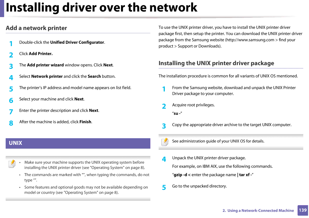 Samsung SLM3820DWXAA, SLM3320NDXAA manual Add a network printer, Installing the Unix printer driver package 