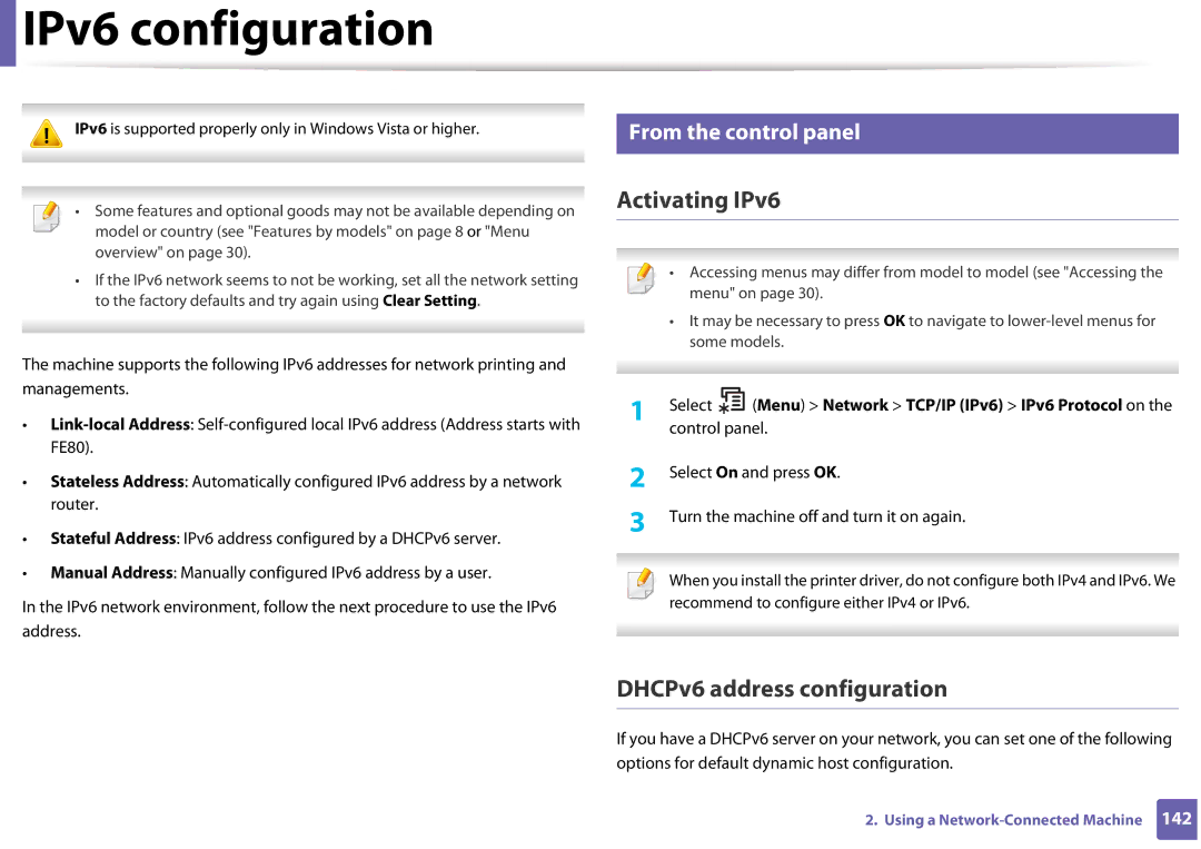 Samsung SLM3320ND, SLM3820DWXAA IPv6 configuration, Activating IPv6, DHCPv6 address configuration, From the control panel 