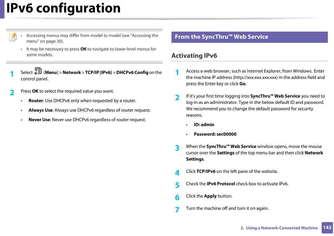 Samsung SLM3320NDXAA, SLM3820DWXAA manual From the SyncThru Web Service, ID admin Password sec00000, Settings 