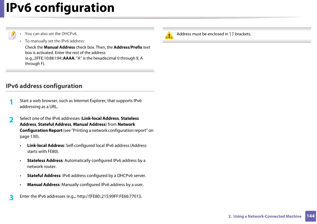 Samsung SLM3820DWXAA, SLM3320NDXAA manual IPv6 address configuration 