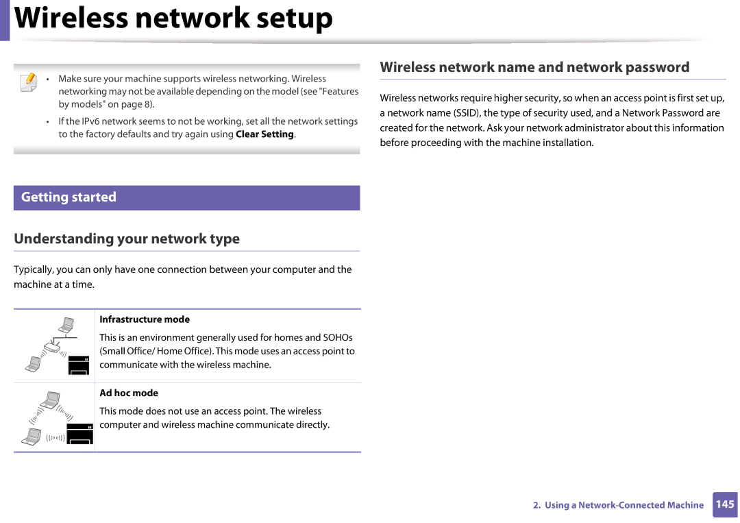 Samsung SLM3320ND Wireless network setup, Wireless network name and network password, Understanding your network type 