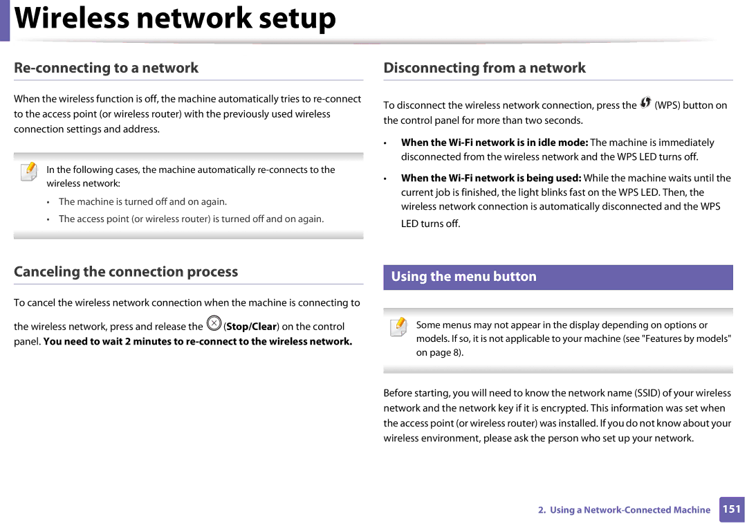 Samsung SLM3320ND, SLM3820DWXAA Re-connecting to a network, Disconnecting from a network, Canceling the connection process 