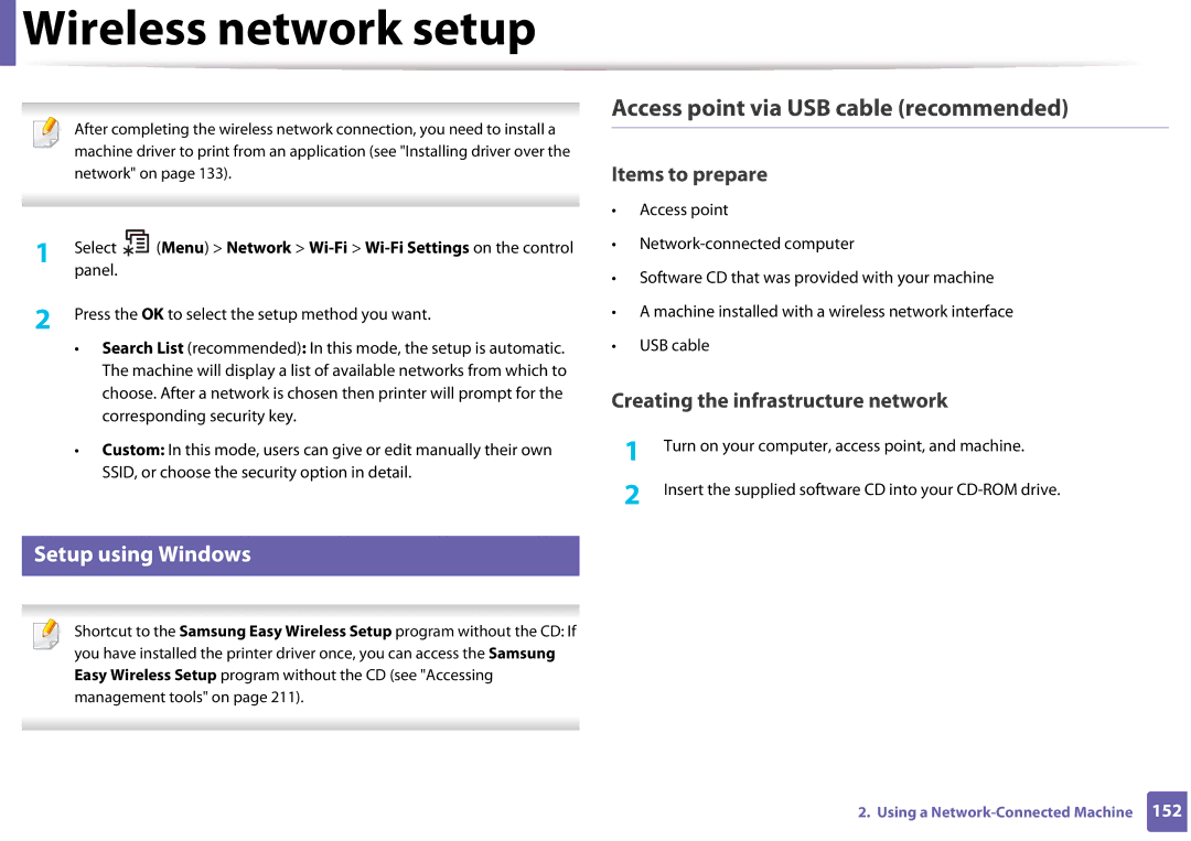 Samsung SLM3320NDXAA, SLM3820DWXAA manual Access point via USB cable recommended, Setup using Windows, Items to prepare 