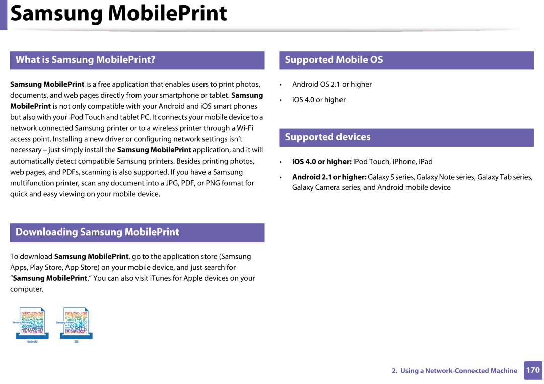 Samsung SLM3320NDXAA, SLM3820DWXAA manual Samsung MobilePrint, Supported Mobile OS, Supported devices 