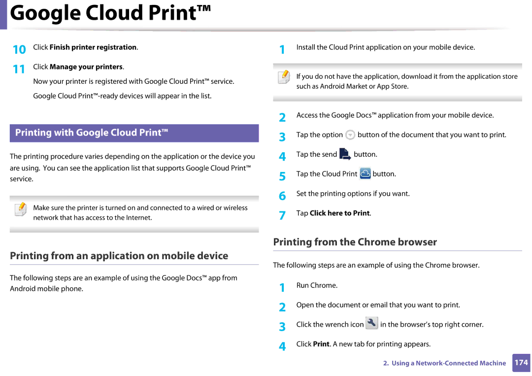 Samsung SLM3820DWXAA manual Printing with Google Cloud Print, Click Finish printer registration, Click Manage your printers 