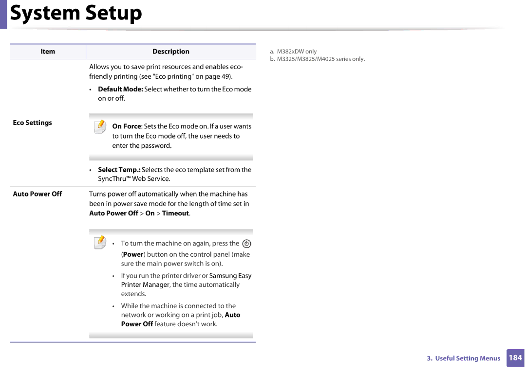 Samsung SLM3820DWXAA, SLM3320NDXAA manual Eco Settings, Auto Power Off On Timeout 