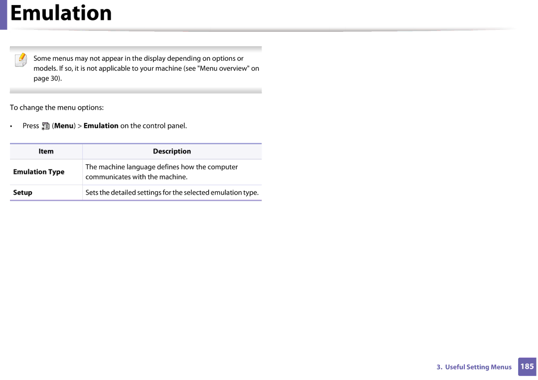 Samsung SLM3320NDXAA, SLM3820DWXAA manual Emulation 