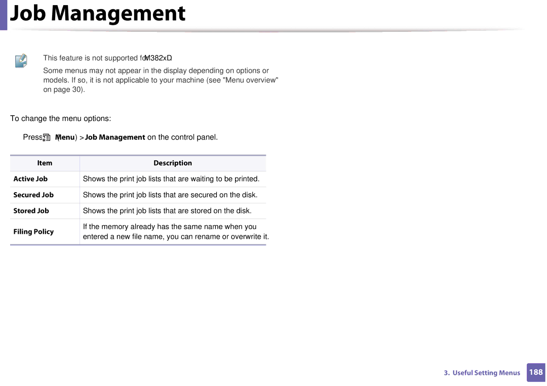 Samsung SLM3320NDXAA, SLM3820DWXAA manual Job Management 