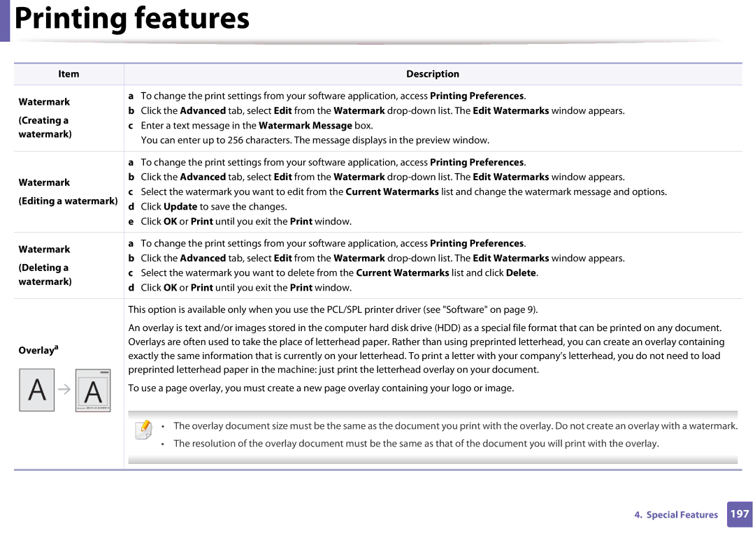 Samsung SLM3320NDXAA, SLM3820DWXAA manual Creating a, Editing a watermark, Deleting a, Overlay a 