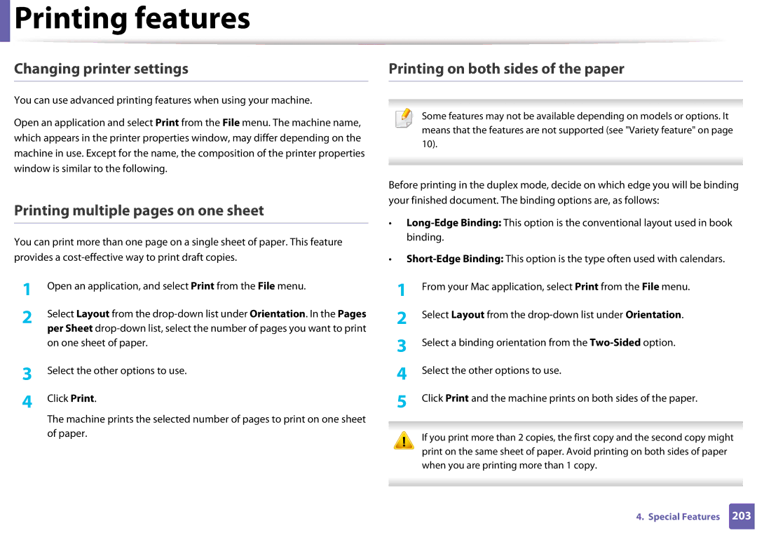 Samsung SLM3320NDXAA Changing printer settings, Printing multiple pages on one sheet, Printing on both sides of the paper 