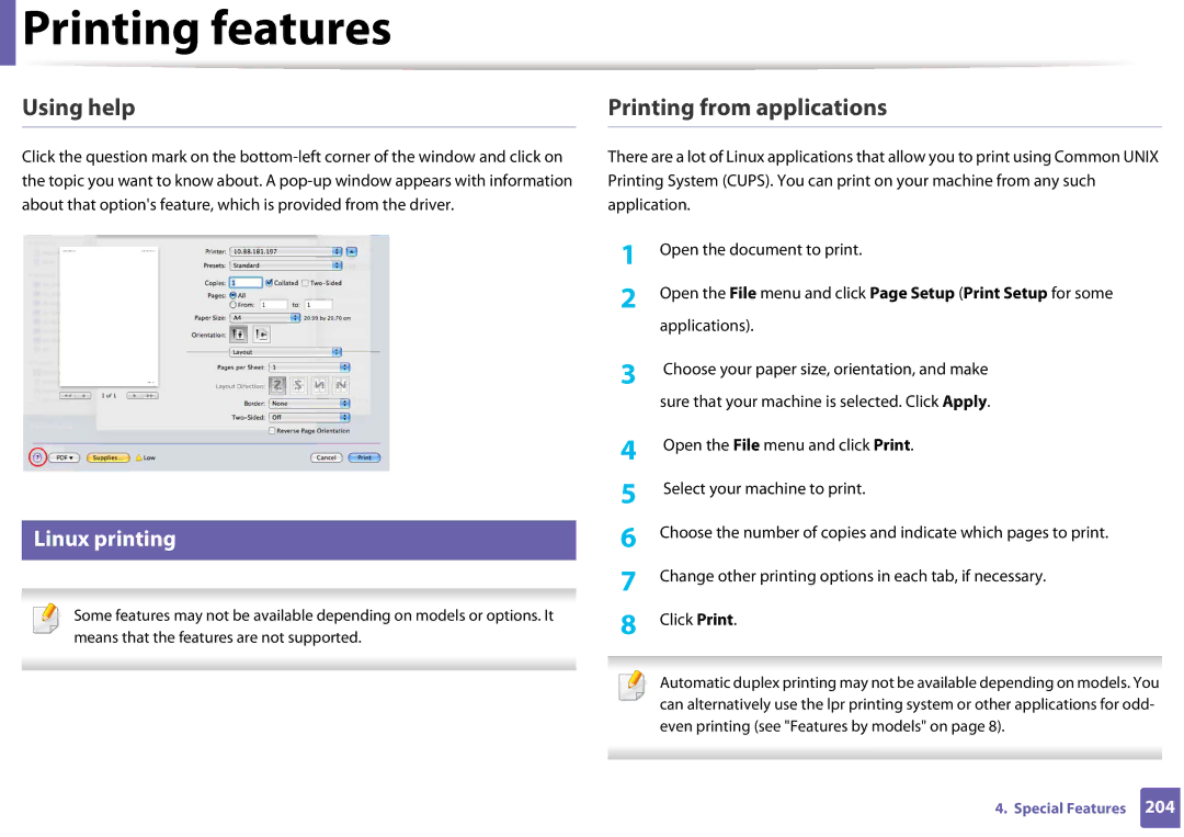 Samsung SLM3820DWXAA, SLM3320NDXAA manual Using help, Printing from applications, Linux printing 