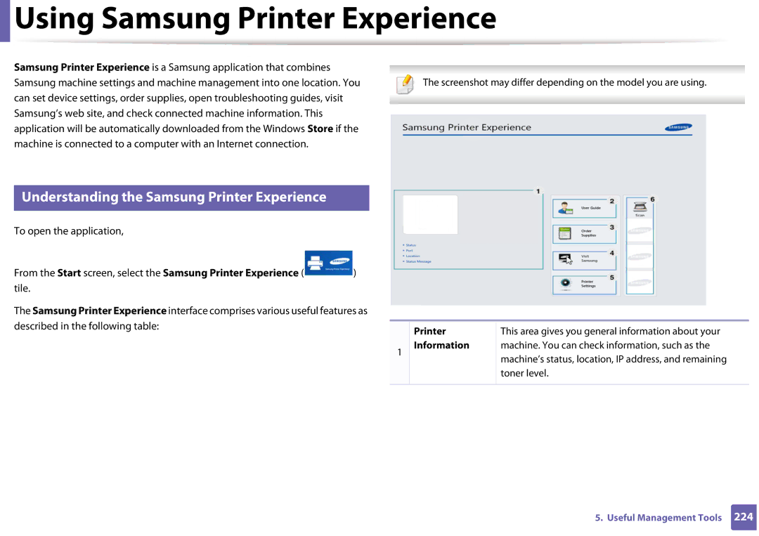 Samsung SLM3320NDXAA Using Samsung Printer Experience, Understanding the Samsung Printer Experience, Printer Information 