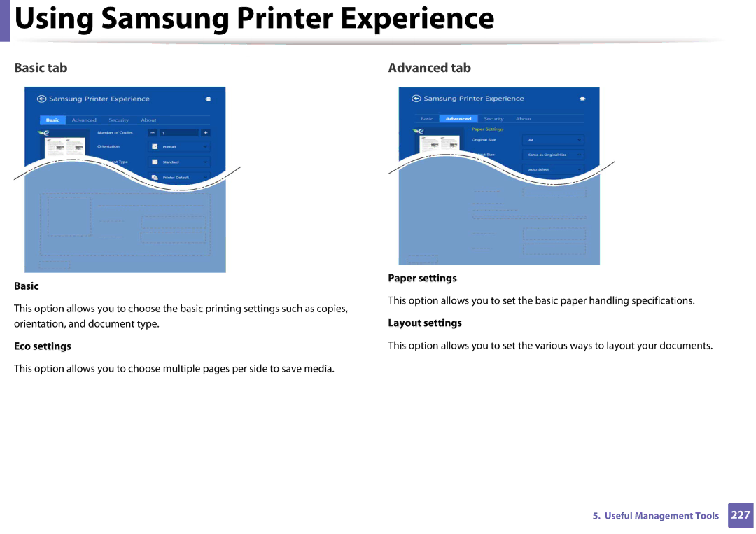 Samsung SLM3320NDXAA, SLM3820DWXAA manual Basic tab, Eco settings, Paper settings, Layout settings 