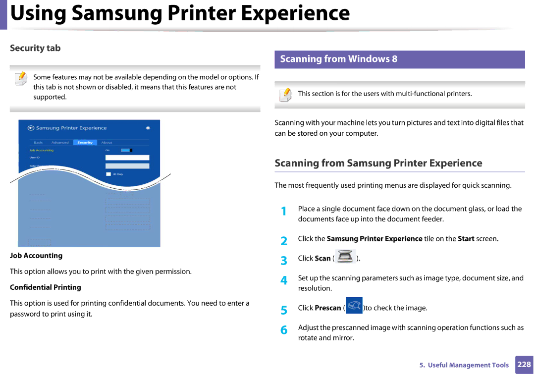 Samsung SLM3820DWXAA manual Scanning from Samsung Printer Experience, Scanning from Windows, Security tab, Job Accounting 