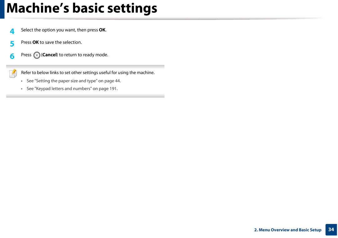 Samsung SLM3820DWXAA, SLM3320NDXAA manual Machine’s basic settings 