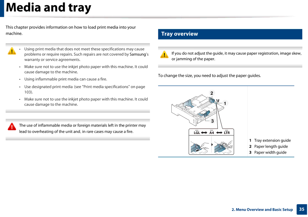 Samsung SLM3320NDXAA, SLM3820DWXAA manual Media and tray, Tray overview, Paper length guide, Paper width guide 