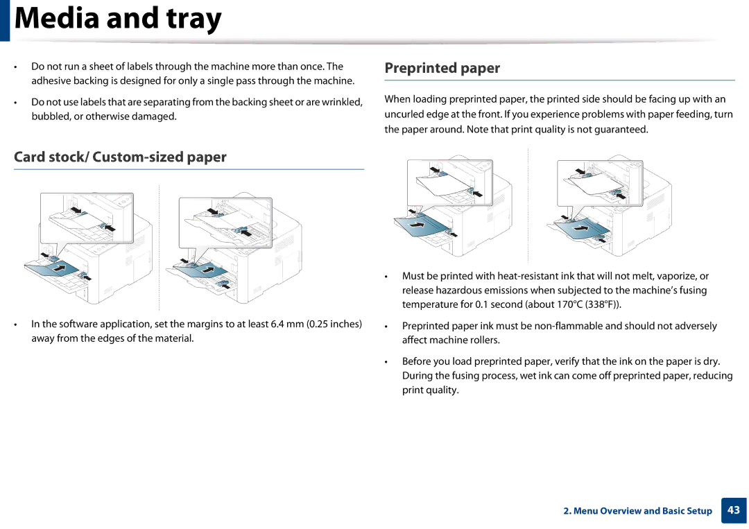 Samsung SLM3820DWXAA, SLM3320NDXAA manual Preprinted paper, Card stock/ Custom-sized paper 