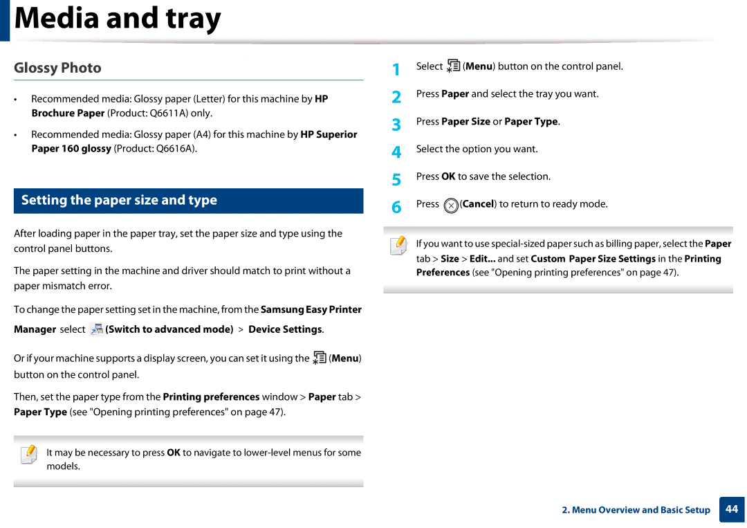 Samsung SLM3320NDXAA, SLM3820DWXAA manual Glossy Photo, Setting the paper size and type, Press Paper Size or Paper Type 