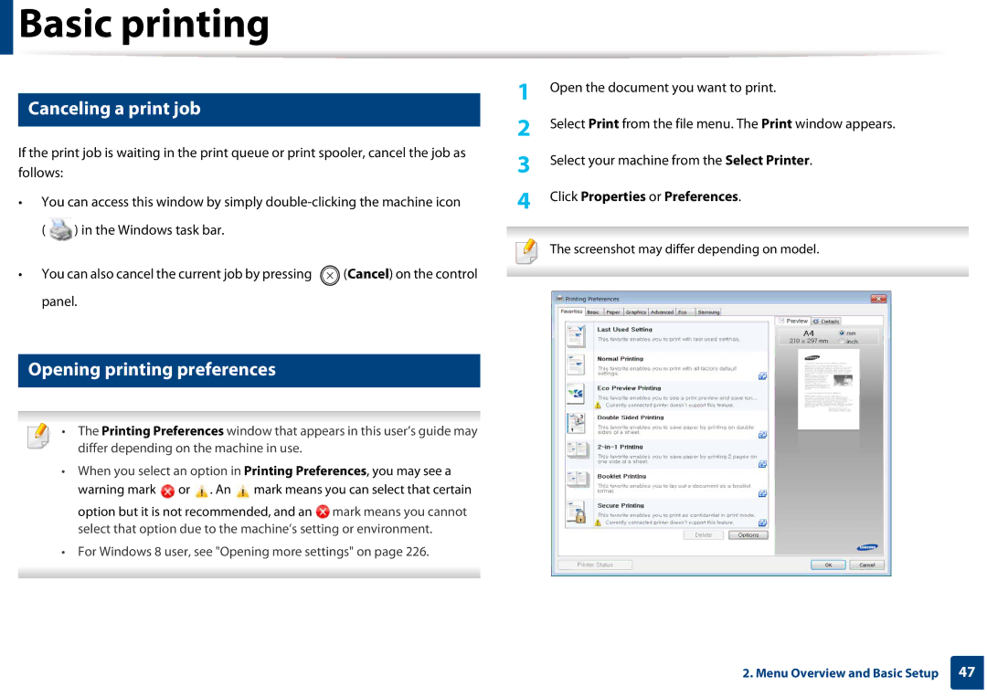 Samsung SLM3320NDXAA, SLM3820DWXAA Canceling a print job, Opening printing preferences, Click Properties or Preferences 