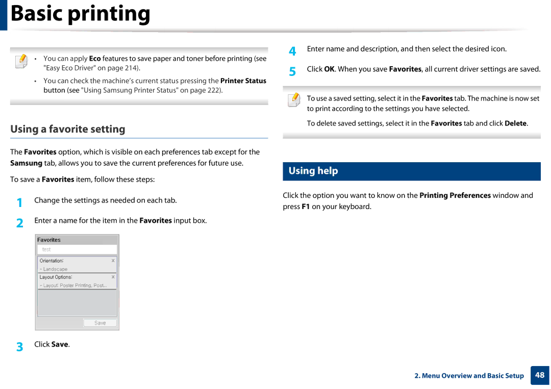 Samsung SLM3820DWXAA, SLM3320NDXAA manual Using a favorite setting, Using help 