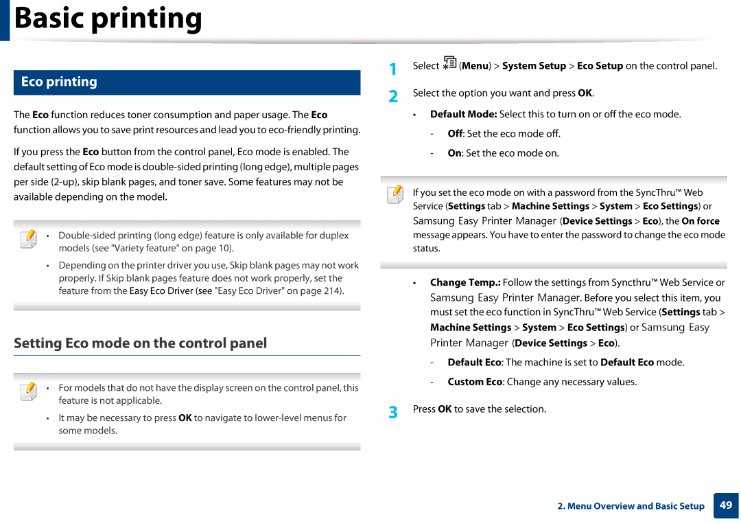 Samsung SLM3820DWXAA, SLM3320NDXAA manual Setting Eco mode on the control panel, Eco printing 
