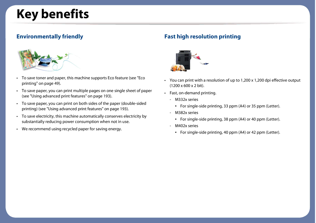 Samsung SLM3320NDXAA, SLM3820DWXAA manual Key benefits, Environmentally friendly 