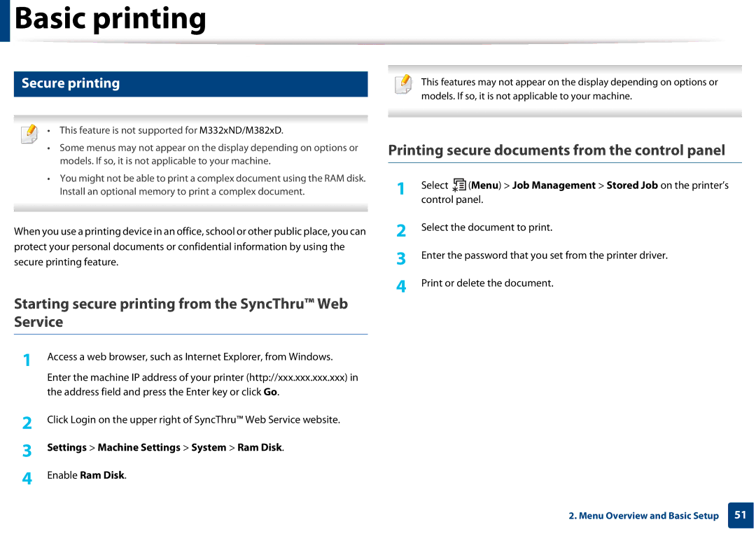 Samsung SLM3820DWXAA, SLM3320NDXAA manual Starting secure printing from the SyncThru Web Service, Secure printing 