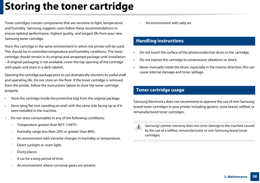 Samsung SLM3820DWXAA, SLM3320NDXAA manual Storing the toner cartridge, Handling instructions, Toner cartridge usage 